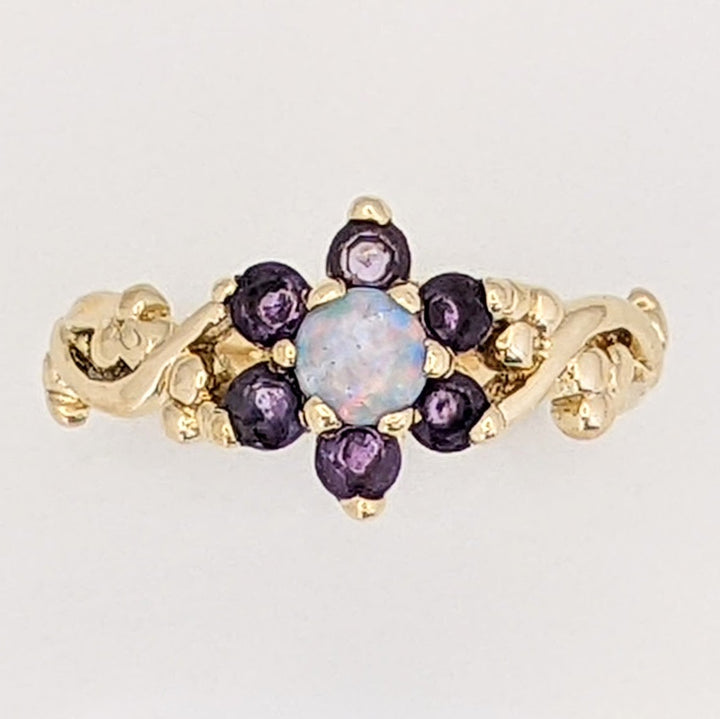 14K OPAL ROUND 4MM (1) AMETHYST 2.5MM (6) FLORAL ESTATE RING 2.6 GRAMS