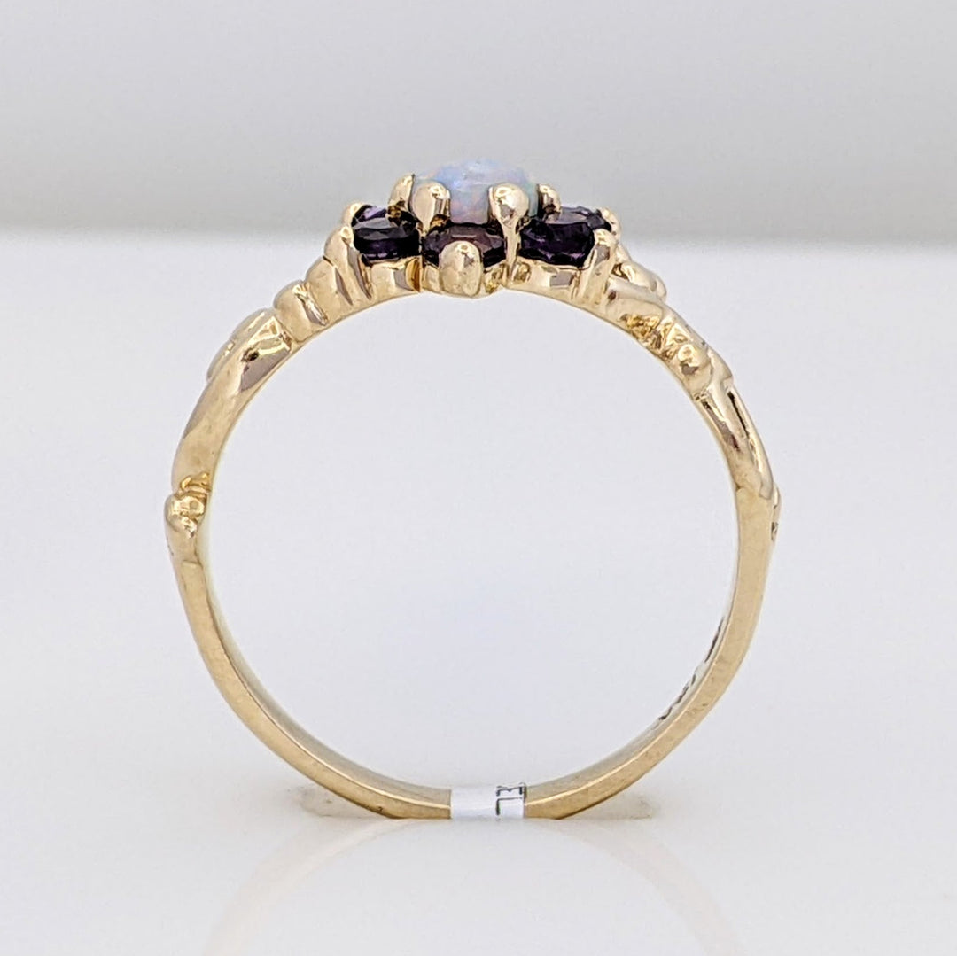 14K OPAL ROUND 4MM (1) AMETHYST 2.5MM (6) FLORAL ESTATE RING 2.6 GRAMS