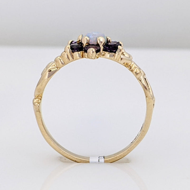14K OPAL ROUND 4MM (1) AMETHYST 2.5MM (6) FLORAL ESTATE RING 2.6 GRAMS