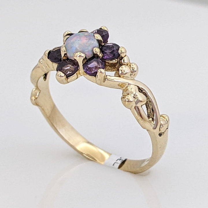 14K OPAL ROUND 4MM (1) AMETHYST 2.5MM (6) FLORAL ESTATE RING 2.6 GRAMS