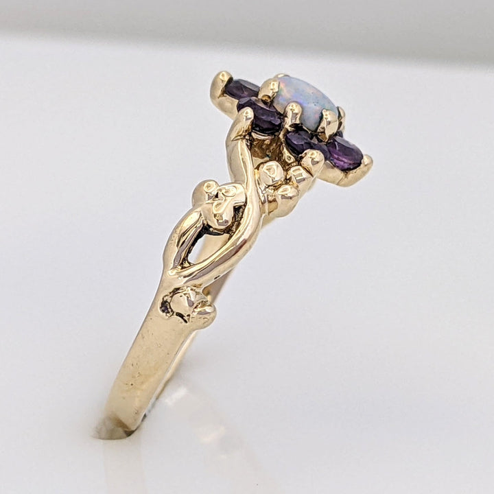 14K OPAL ROUND 4MM (1) AMETHYST 2.5MM (6) FLORAL ESTATE RING 2.6 GRAMS