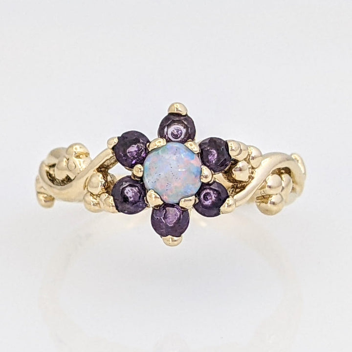 14K OPAL ROUND 4MM (1) AMETHYST 2.5MM (6) FLORAL ESTATE RING 2.6 GRAMS