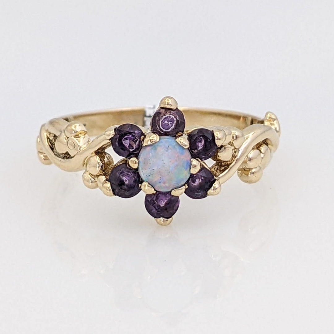 14K OPAL ROUND 4MM (1) AMETHYST 2.5MM (6) FLORAL ESTATE RING 2.6 GRAMS