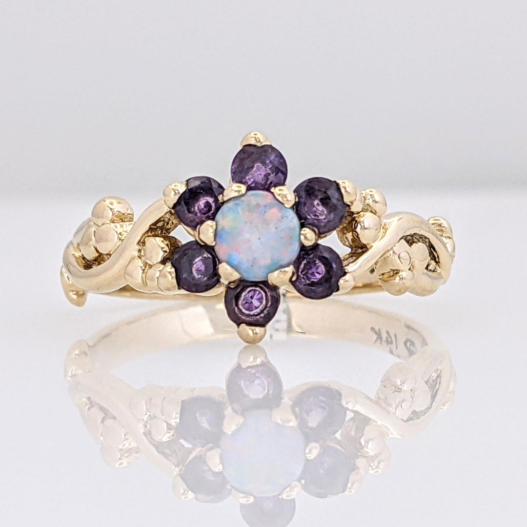 14K OPAL ROUND 4MM (1) AMETHYST 2.5MM (6) FLORAL ESTATE RING 2.6 GRAMS