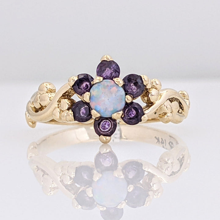 14K OPAL ROUND 4MM (1) AMETHYST 2.5MM (6) FLORAL ESTATE RING 2.6 GRAMS