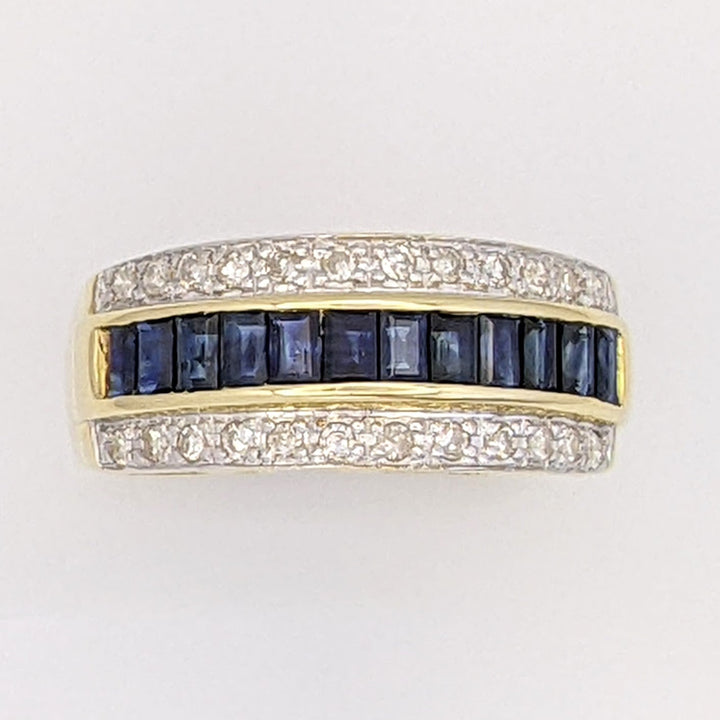 14K SAPPHIRE BAGUETTE (12) 2.5X2 WITH .24 DIAMOND TOTAL WEIGHT (24) ROUND ESTATE BAND 4.3 GRAMS