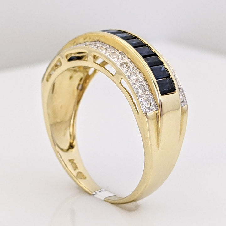 14K SAPPHIRE BAGUETTE (12) 2.5X2 WITH .24 DIAMOND TOTAL WEIGHT (24) ROUND ESTATE BAND 4.3 GRAMS