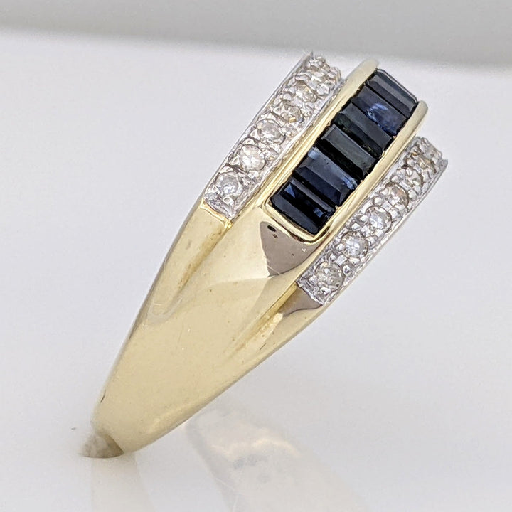 14K SAPPHIRE BAGUETTE (12) 2.5X2 WITH .24 DIAMOND TOTAL WEIGHT (24) ROUND ESTATE BAND 4.3 GRAMS