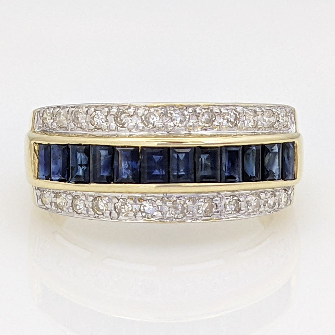 14K SAPPHIRE BAGUETTE (12) 2.5X2 WITH .24 DIAMOND TOTAL WEIGHT (24) ROUND ESTATE BAND 4.3 GRAMS