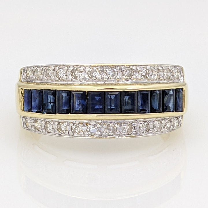 14K SAPPHIRE BAGUETTE (12) 2.5X2 WITH .24 DIAMOND TOTAL WEIGHT (24) ROUND ESTATE BAND 4.3 GRAMS