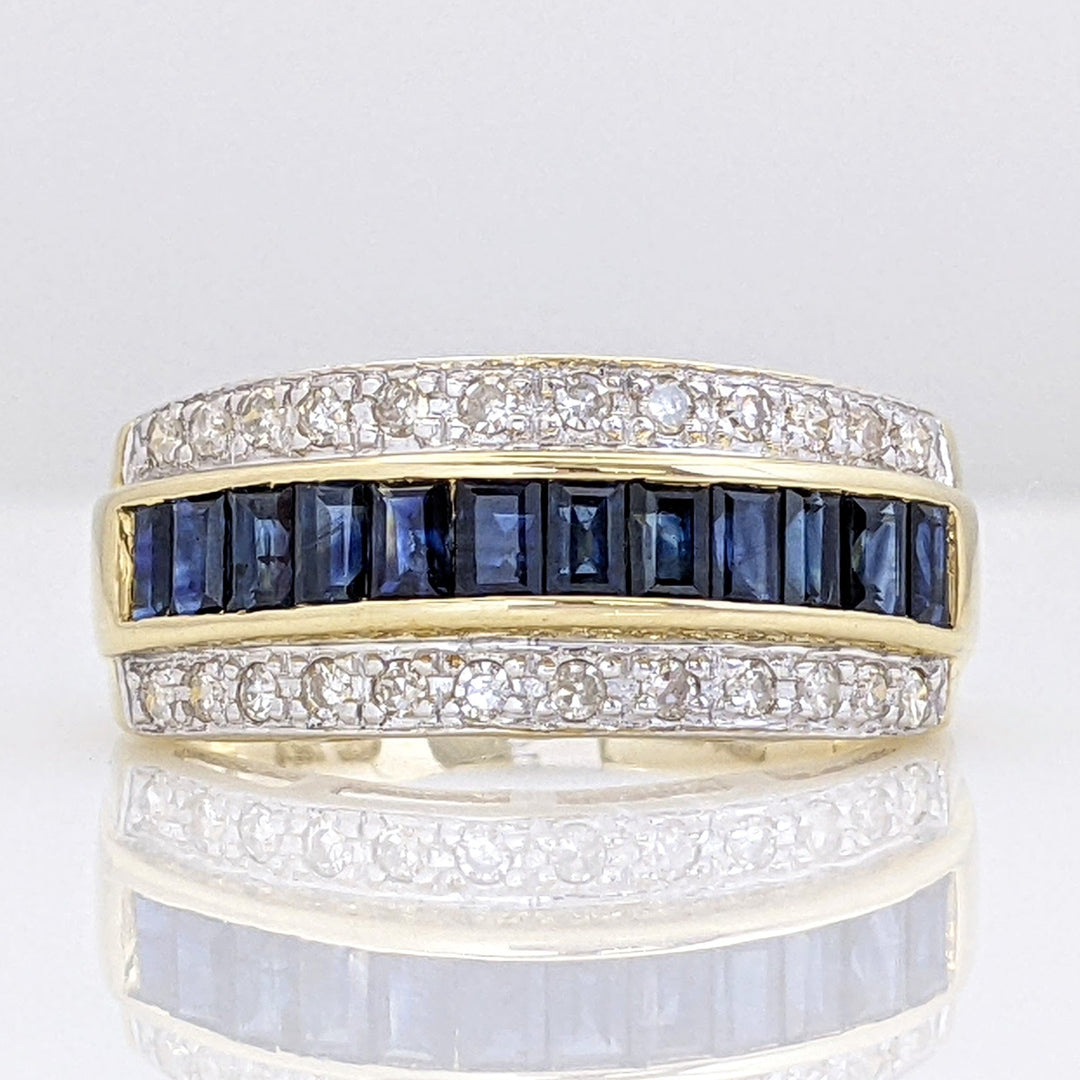 14K SAPPHIRE BAGUETTE (12) 2.5X2 WITH .24 DIAMOND TOTAL WEIGHT (24) ROUND ESTATE BAND 4.3 GRAMS