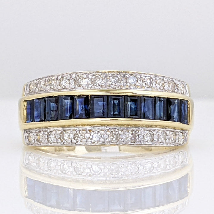 14K SAPPHIRE BAGUETTE (12) 2.5X2 WITH .24 DIAMOND TOTAL WEIGHT (24) ROUND ESTATE BAND 4.3 GRAMS