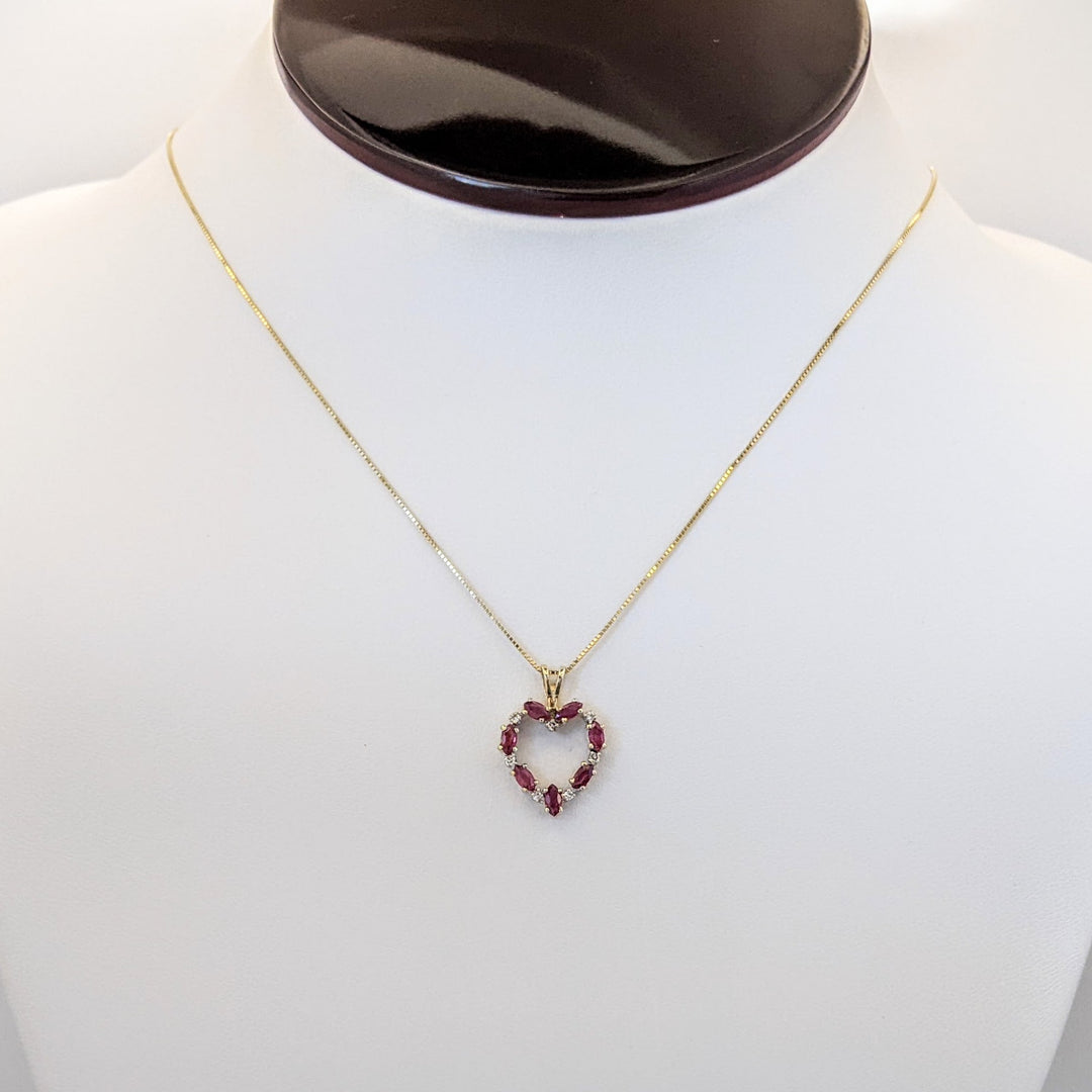 14K RUBY MARQUISE (7) 2X4 WITH (7) MELEE ESTATE HEART PENDANT &amp; CHAIN 2.6 GRAMS