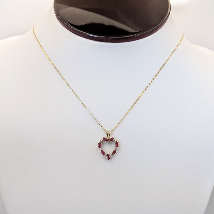 14K RUBY MARQUISE (7) 2X4 WITH (7) MELEE ESTATE HEART PENDANT &amp; CHAIN 2.6 GRAMS
