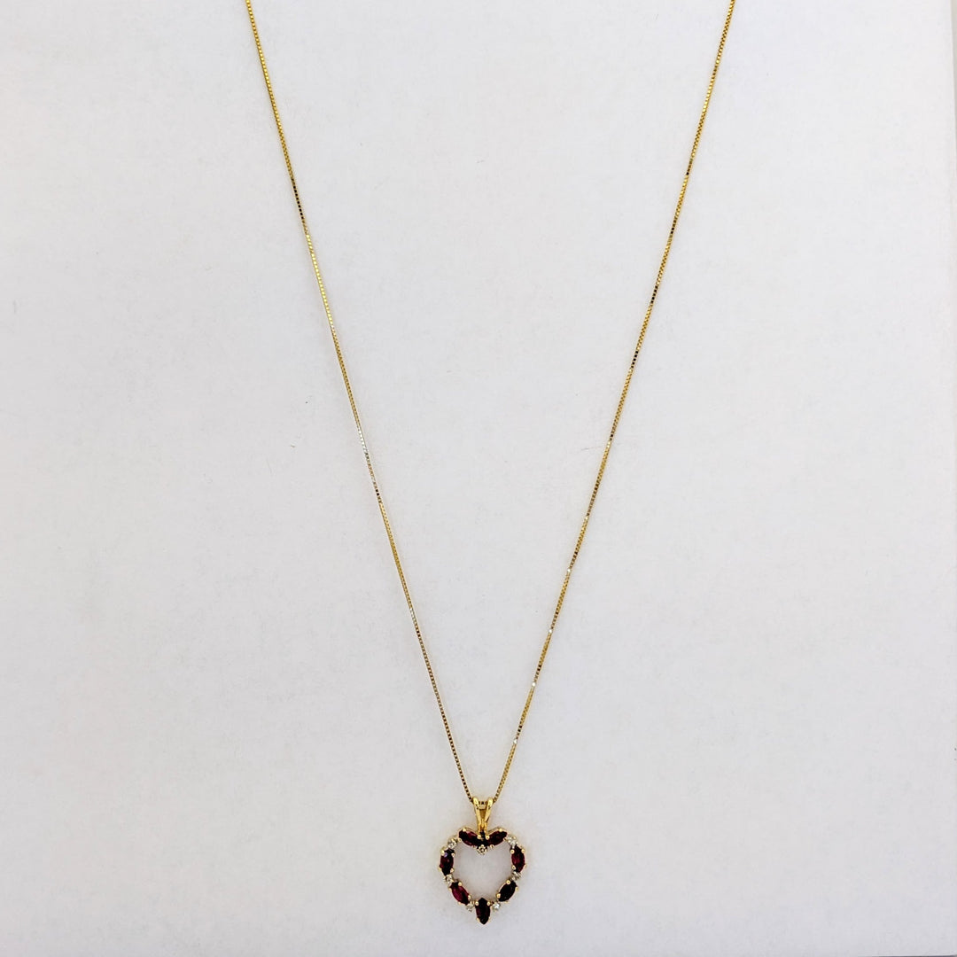 14K RUBY MARQUISE (7) 2X4 WITH (7) MELEE ESTATE HEART PENDANT &amp; CHAIN 2.6 GRAMS