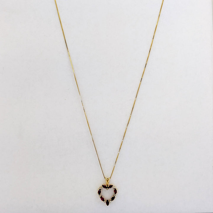 14K RUBY MARQUISE (7) 2X4 WITH (7) MELEE ESTATE HEART PENDANT &amp; CHAIN 2.6 GRAMS