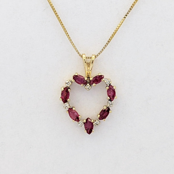 14K RUBY MARQUISE (7) 2X4 WITH (7) MELEE ESTATE HEART PENDANT &amp; CHAIN 2.6 GRAMS