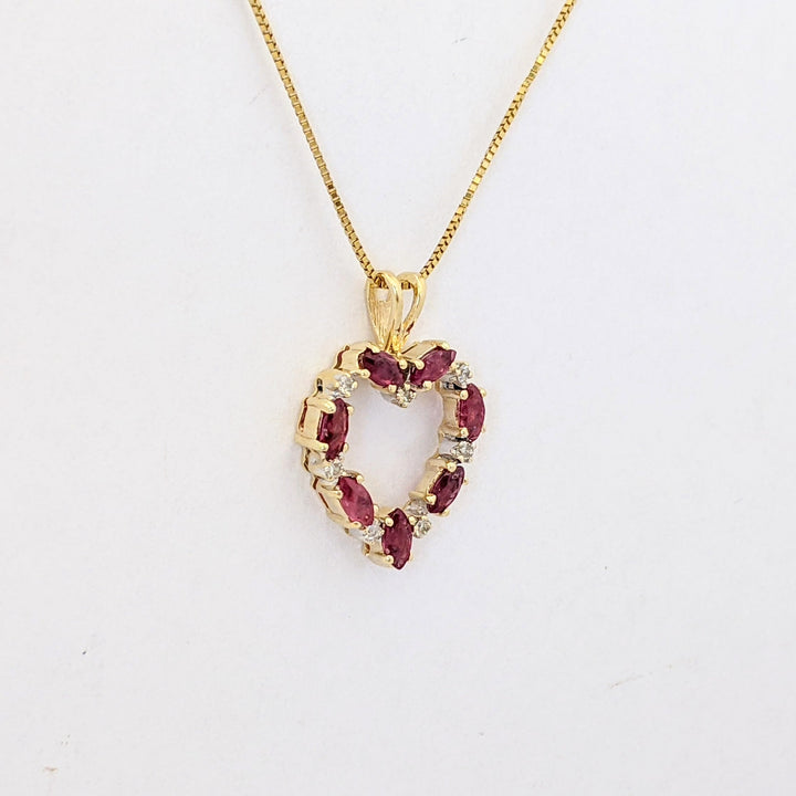 14K RUBY MARQUISE (7) 2X4 WITH (7) MELEE ESTATE HEART PENDANT &amp; CHAIN 2.6 GRAMS