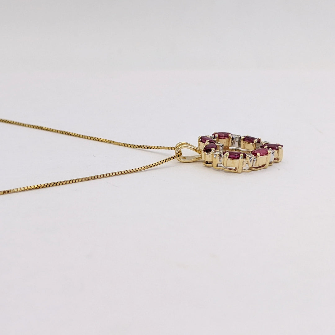 14K RUBY MARQUISE (7) 2X4 WITH (7) MELEE ESTATE HEART PENDANT &amp; CHAIN 2.6 GRAMS
