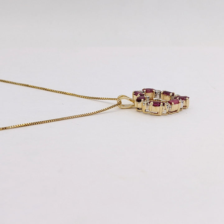 14K RUBY MARQUISE (7) 2X4 WITH (7) MELEE ESTATE HEART PENDANT &amp; CHAIN 2.6 GRAMS