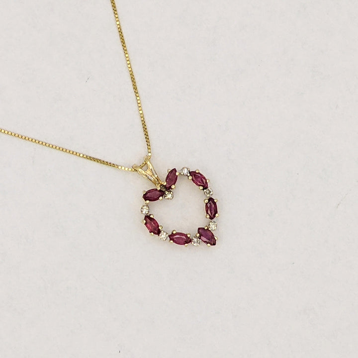 14K RUBY MARQUISE (7) 2X4 WITH (7) MELEE ESTATE HEART PENDANT &amp; CHAIN 2.6 GRAMS