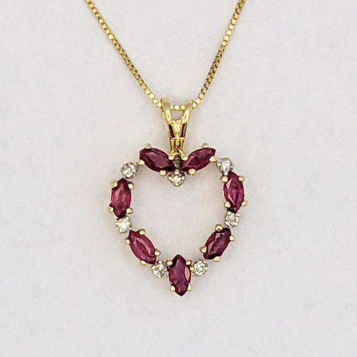14K RUBY MARQUISE (7) 2X4 WITH (7) MELEE ESTATE HEART PENDANT &amp; CHAIN 2.6 GRAMS