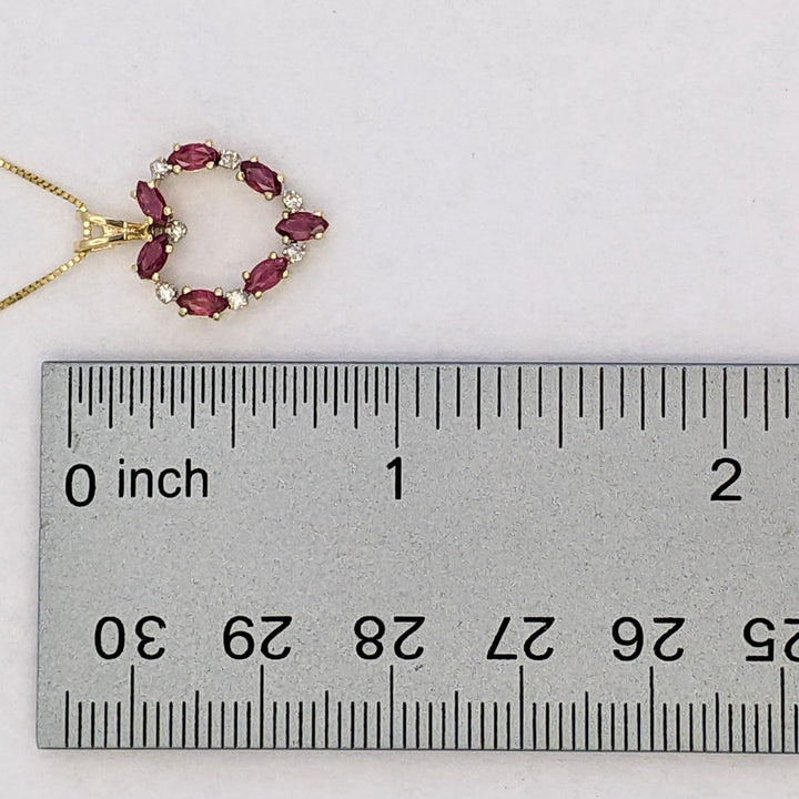 14K RUBY MARQUISE (7) 2X4 WITH (7) MELEE ESTATE HEART PENDANT &amp; CHAIN 2.6 GRAMS