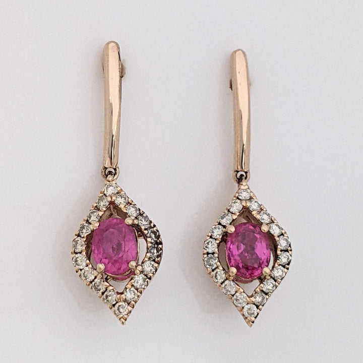 14K ROSE RUBY OVAL 4X5.6 WITH .25 DIAMOND TOTAL WEIGHT DANGLE ESTATE EARRINGS 3.5 GRAMS