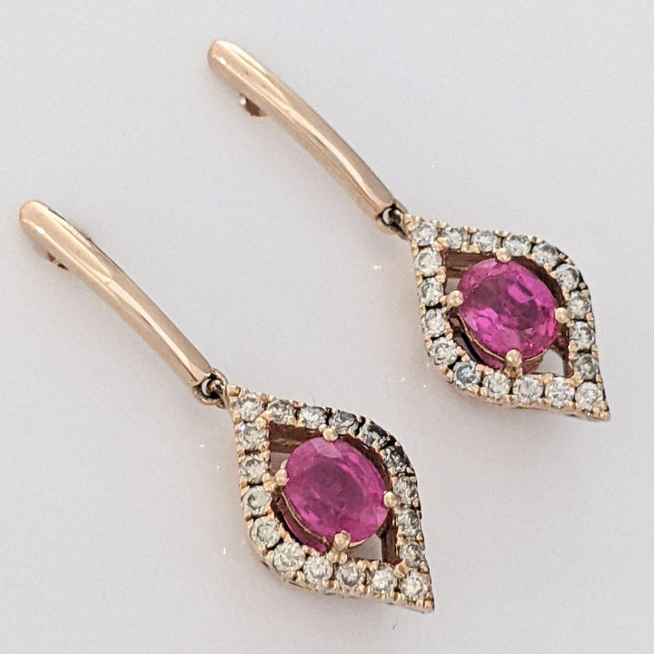 14K ROSE RUBY OVAL 4X5.6 WITH .25 DIAMOND TOTAL WEIGHT DANGLE ESTATE EARRINGS 3.5 GRAMS