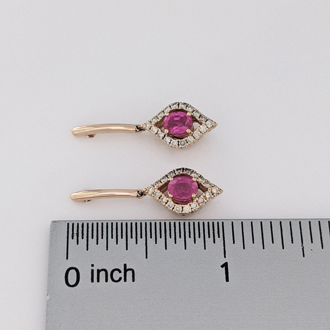 14K ROSE RUBY OVAL 4X5.6 WITH .25 DIAMOND TOTAL WEIGHT DANGLE ESTATE EARRINGS 3.5 GRAMS