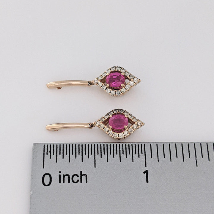 14K ROSE RUBY OVAL 4X5.6 WITH .25 DIAMOND TOTAL WEIGHT DANGLE ESTATE EARRINGS 3.5 GRAMS