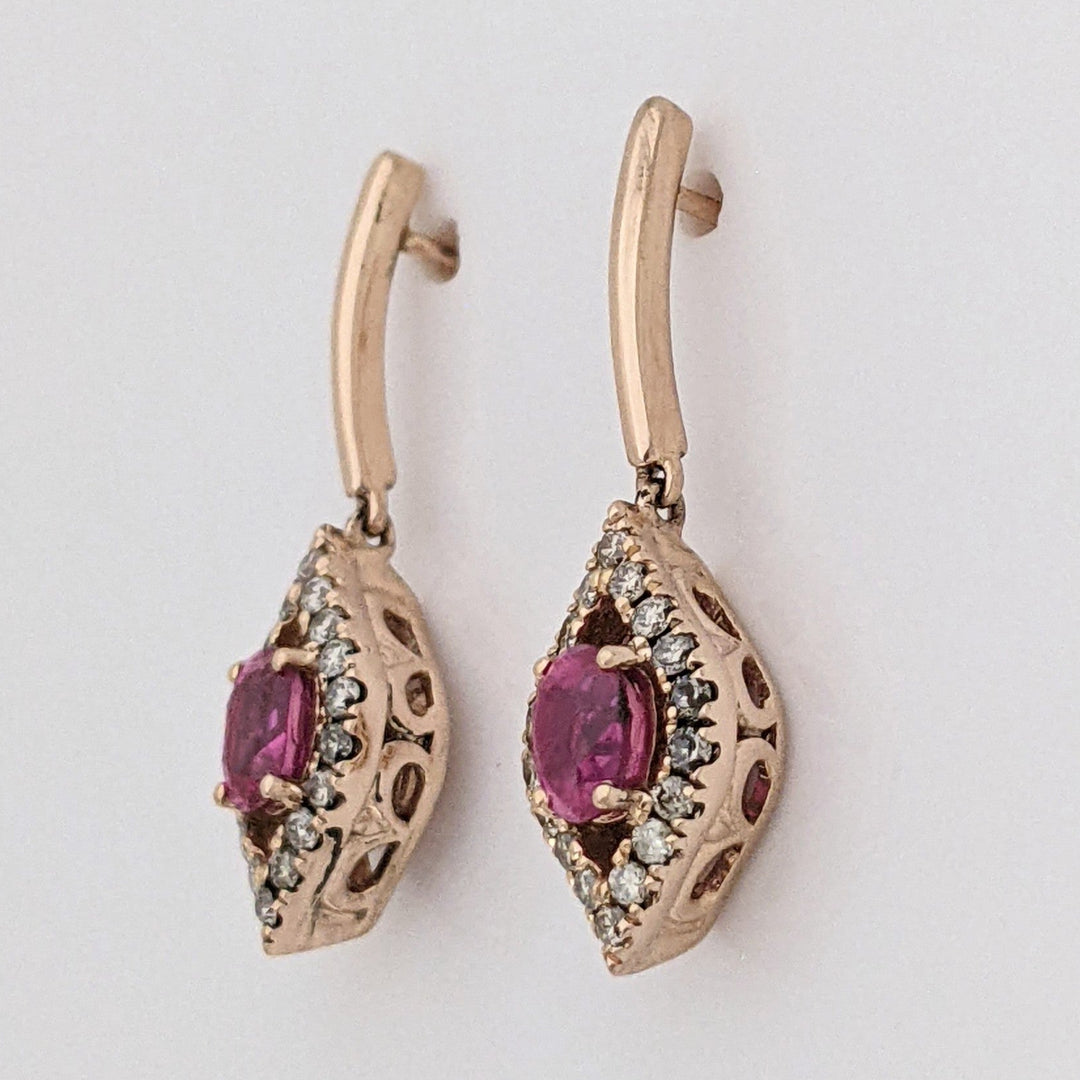 14K ROSE RUBY OVAL 4X5.6 WITH .25 DIAMOND TOTAL WEIGHT DANGLE ESTATE EARRINGS 3.5 GRAMS