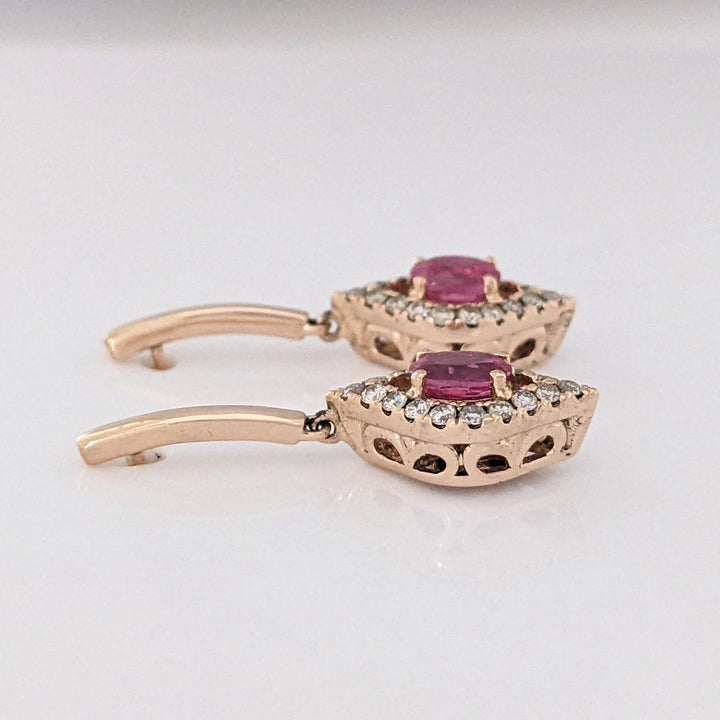 14K ROSE RUBY OVAL 4X5.6 WITH .25 DIAMOND TOTAL WEIGHT DANGLE ESTATE EARRINGS 3.5 GRAMS