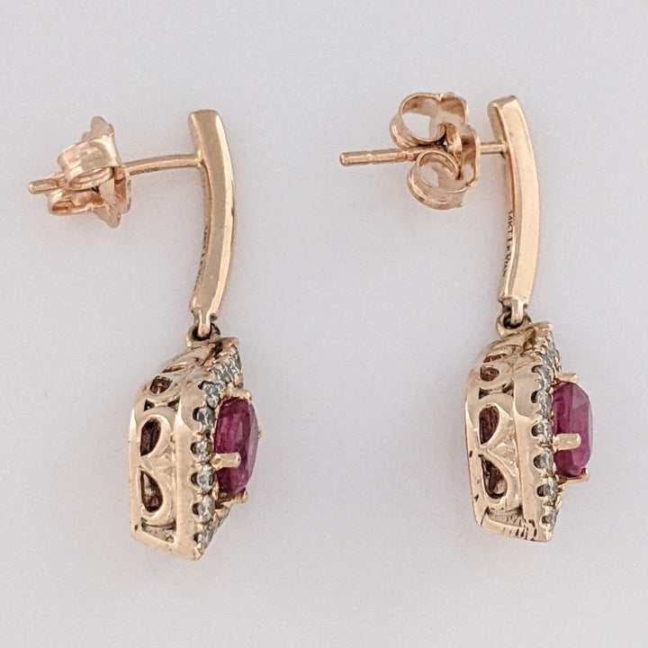 14K ROSE RUBY OVAL 4X5.6 WITH .25 DIAMOND TOTAL WEIGHT DANGLE ESTATE EARRINGS 3.5 GRAMS