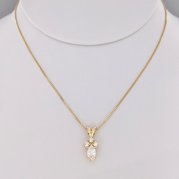 14K .38 CARAT TOTAL WEIGHT VS2-SI2 H DIAMOND MARQUISE (1) ROUND (3) ESTATE PENDANT &amp; CHAIN 2.2 GRAMS