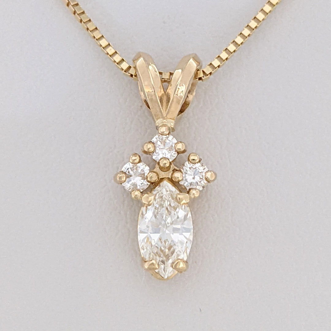 14K .38 CARAT TOTAL WEIGHT VS2-SI2 H DIAMOND MARQUISE (1) ROUND (3) ESTATE PENDANT &amp; CHAIN 2.2 GRAMS