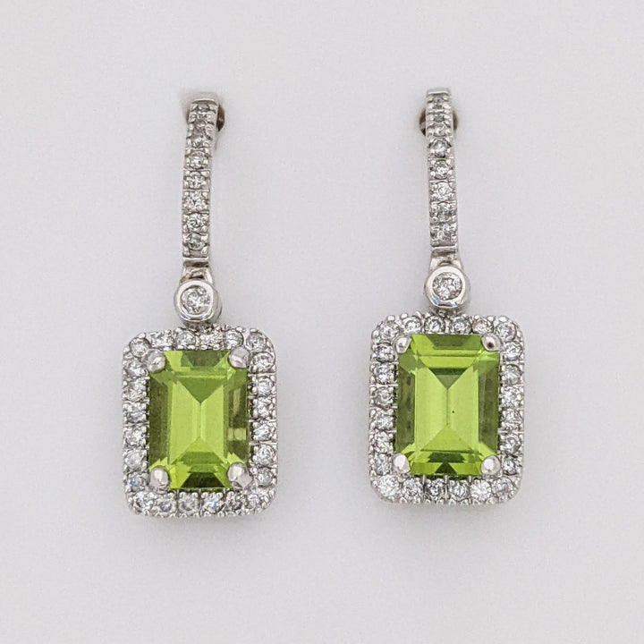 14K WHITE PERIDOT EMERALD CUT 5X7 WITH .33 DIAMOND TOTAL WEIGHT (66) ESTATE DANGLE EARRINGS 3.2 GRAMS