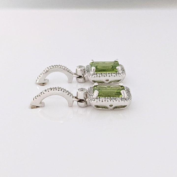 14K WHITE PERIDOT EMERALD CUT 5X7 WITH .33 DIAMOND TOTAL WEIGHT (66) ESTATE DANGLE EARRINGS 3.2 GRAMS