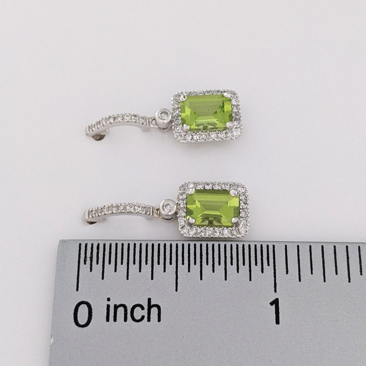 14K WHITE PERIDOT EMERALD CUT 5X7 WITH .33 DIAMOND TOTAL WEIGHT (66) ESTATE DANGLE EARRINGS 3.2 GRAMS