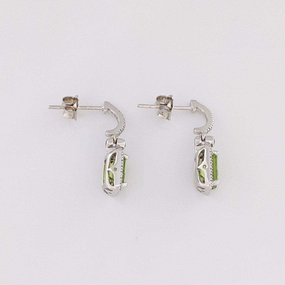 14K WHITE PERIDOT EMERALD CUT 5X7 WITH .33 DIAMOND TOTAL WEIGHT (66) ESTATE DANGLE EARRINGS 3.2 GRAMS