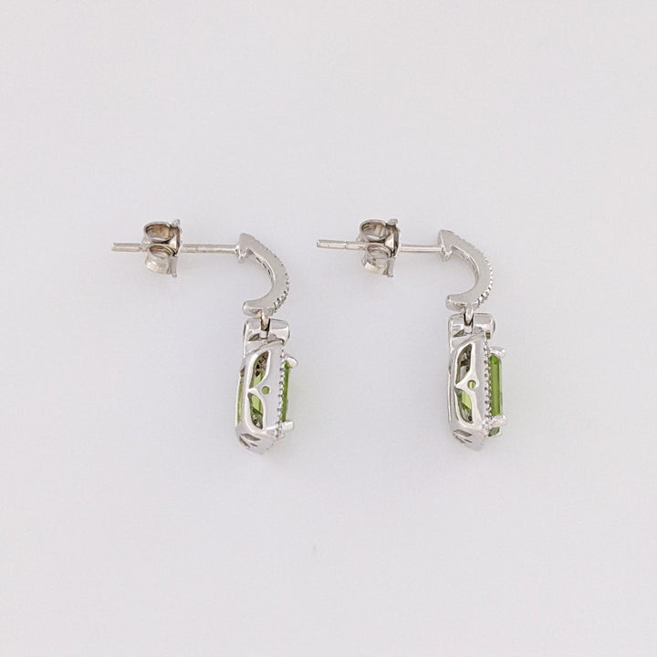 14K WHITE PERIDOT EMERALD CUT 5X7 WITH .33 DIAMOND TOTAL WEIGHT (66) ESTATE DANGLE EARRINGS 3.2 GRAMS
