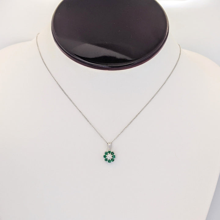 14K WHITE EMERALD ROUND (8) 2MM WITH .10 DIAMOND TOTAL WEIGHT (2) ROUND FLORAL ESTATE PENDANT &amp; CHAIN 1.6 GRAMS