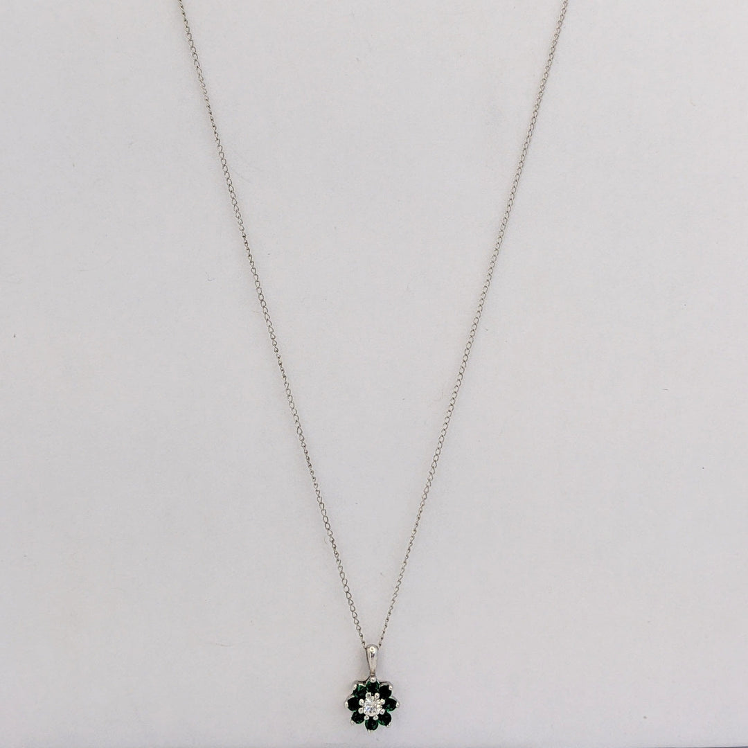 14K WHITE EMERALD ROUND (8) 2MM WITH .10 DIAMOND TOTAL WEIGHT (2) ROUND FLORAL ESTATE PENDANT &amp; CHAIN 1.6 GRAMS