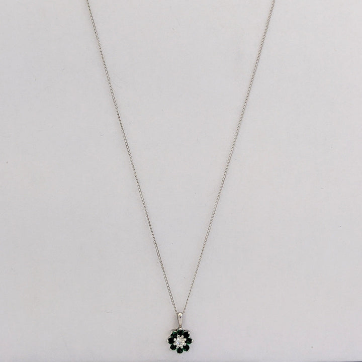 14K WHITE EMERALD ROUND (8) 2MM WITH .10 DIAMOND TOTAL WEIGHT (2) ROUND FLORAL ESTATE PENDANT &amp; CHAIN 1.6 GRAMS