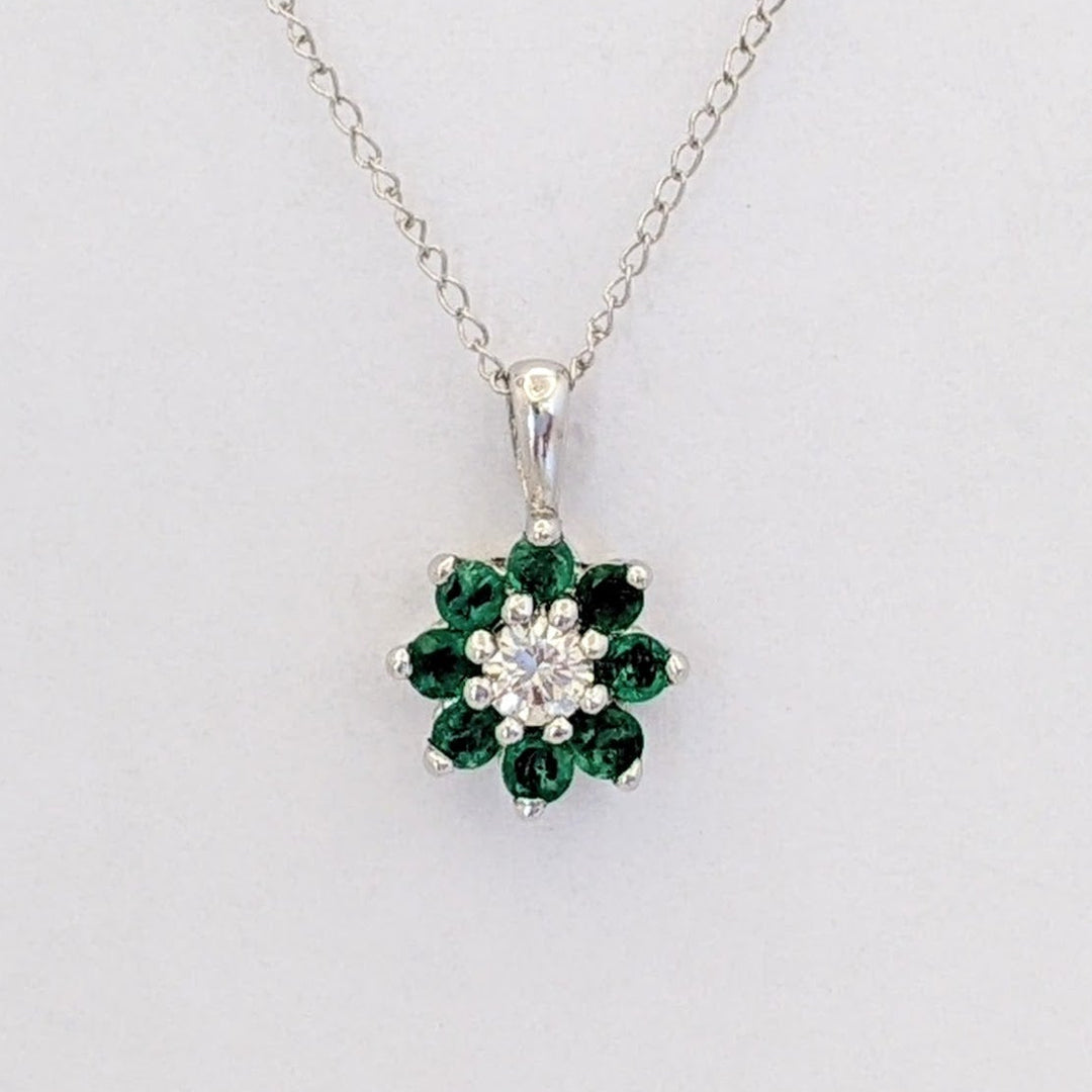 14K WHITE EMERALD ROUND (8) 2MM WITH .10 DIAMOND TOTAL WEIGHT (2) ROUND FLORAL ESTATE PENDANT &amp; CHAIN 1.6 GRAMS