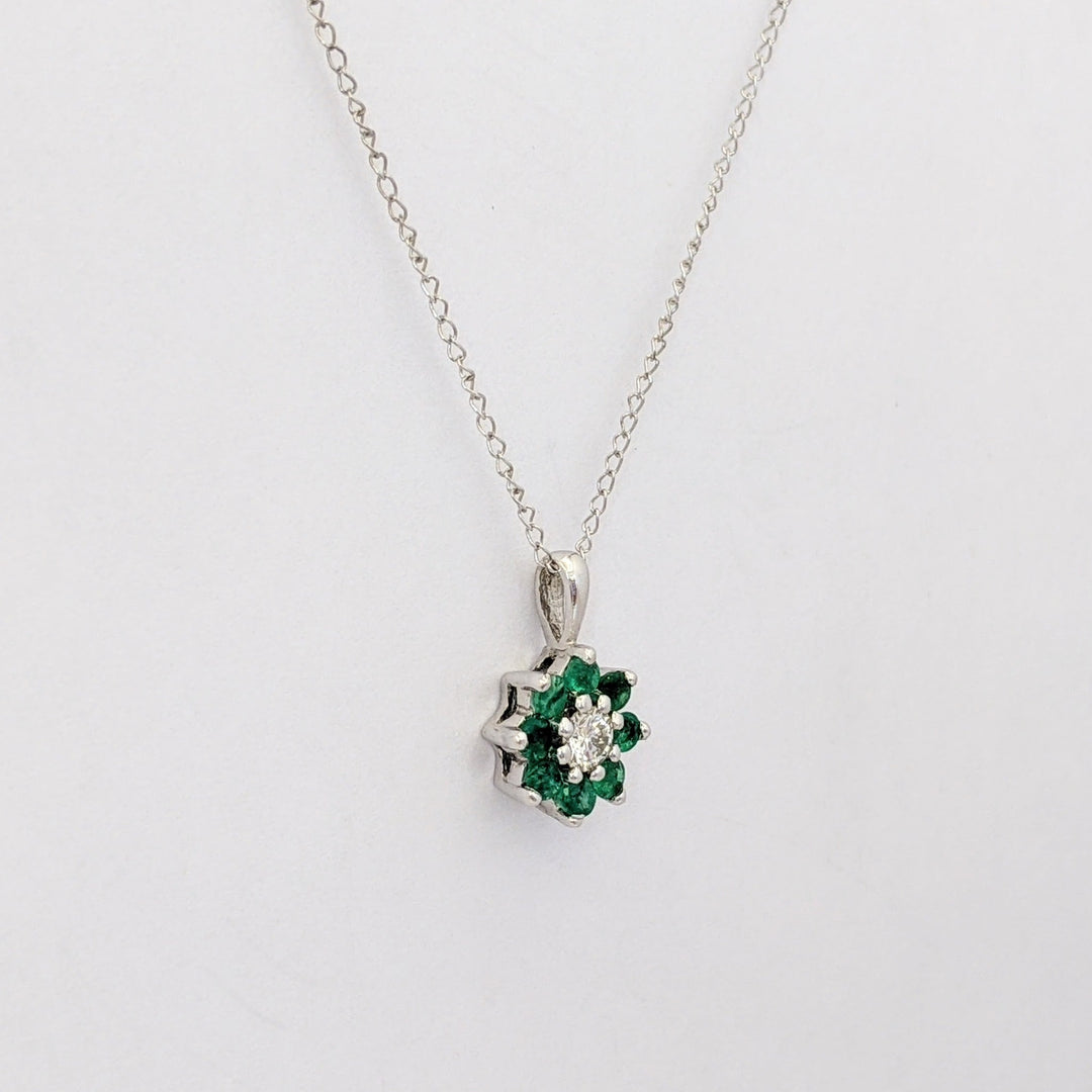 14K WHITE EMERALD ROUND (8) 2MM WITH .10 DIAMOND TOTAL WEIGHT (2) ROUND FLORAL ESTATE PENDANT &amp; CHAIN 1.6 GRAMS