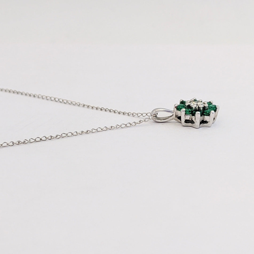 14K WHITE EMERALD ROUND (8) 2MM WITH .10 DIAMOND TOTAL WEIGHT (2) ROUND FLORAL ESTATE PENDANT &amp; CHAIN 1.6 GRAMS
