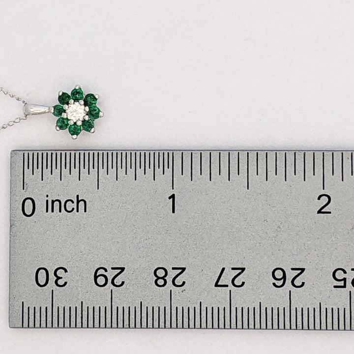 14K WHITE EMERALD ROUND (8) 2MM WITH .10 DIAMOND TOTAL WEIGHT (2) ROUND FLORAL ESTATE PENDANT &amp; CHAIN 1.6 GRAMS