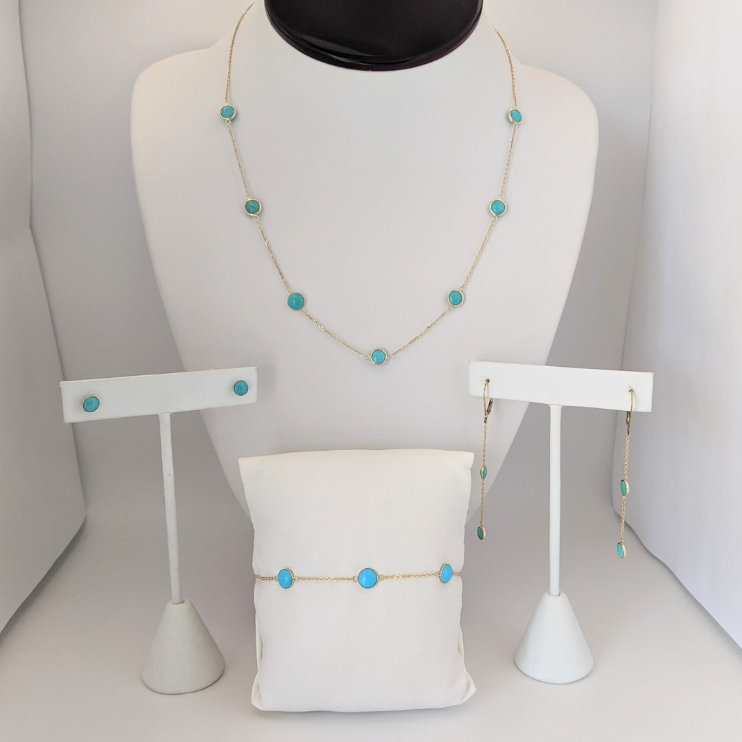 14K TURQUOISE (18) ROUND 4.5MM STATIONED ESTATE NECKLACE, BRACELET, &amp; EARRINGS SET 7.0 GRAMS