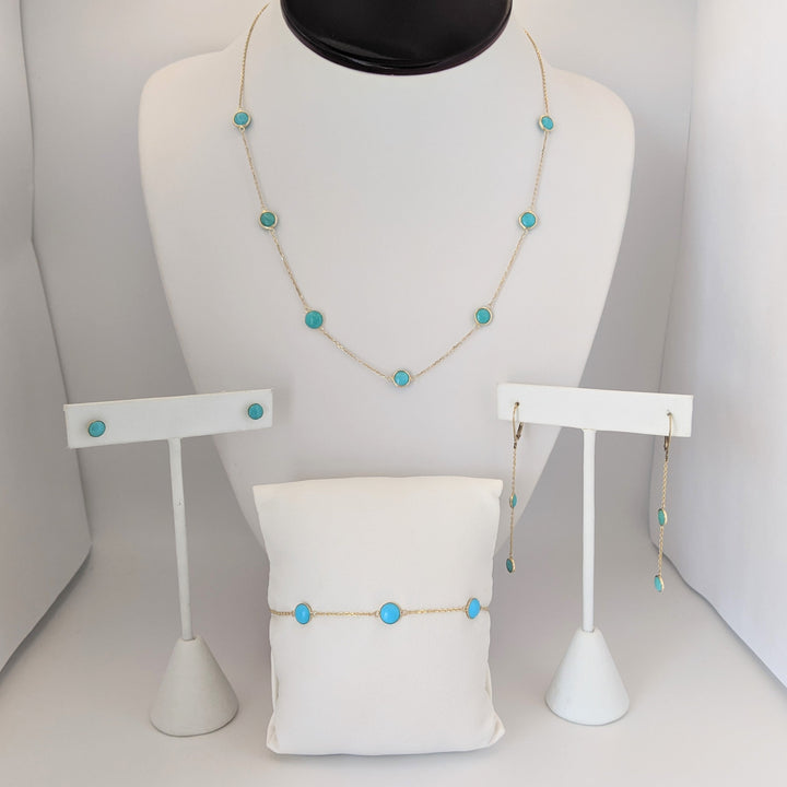 14K TURQUOISE (18) ROUND 4.5MM STATIONED ESTATE NECKLACE, BRACELET, &amp; EARRINGS SET 7.0 GRAMS